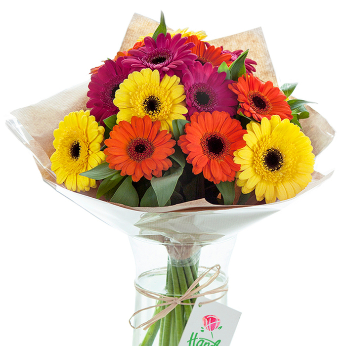 A show-stopping, hand-tied bouquet of Gerbera daisies, styled with New Addington flair, commands attention with its crisp lines and uplifting palette. Boldly coloured blooms-glorious yellows, vibrant oranges, and lush fuchsias-are anchored by deep espresso-brown centres, each blossom exuding a distinct personality. Glossy greens peep from beneath the riot of colour, enhancing the layered complexity of the bouquet. Rustic brown kraft paper, with its subtle textural appeal, envelops the upper half, held in place by a sleek clear cellophane cone-a presentation reminiscent of charming farm shop finds along Milne Park Road. Stems are cut at an angle for improved hydration, visible through the pure glass vase, which showcases the structural foundation of the arrangement. Tied with natural string and adorned with a white tag sketched with a simple red rose, the bouquet's finishing touches hint at local care and a bespoke approach so typical of Flowers New Addington. Bathed in gentle, even lighting, the arrangement shimmers with freshness, each petal reflecting light in a celebration of New Addington's vibrant neighbourhood energy. Suitable for birthdays, thank-yous, or as a spontaneous "thinking of you" gift, this bouquet is both joyful and refined-a true statement piece for any local setting.
