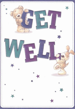 This delightful get well card, perfect for brightening spirits across New Addington, features a whimsical scene where a soft teddy bear and animated puppy join hands in wishing a swift recovery. Their rounded forms and sweet faces spill over with affection, suggesting the comforting warmth found in a bouquet crafted by local florists. Deep shades of purple and teal make up the bold text, the playful letters 'GET' and 'WELL' interwoven with the antics of the two friends. Blue and violet stars sparkle against a crisp, creamy background, echoing the little moments of hope that make New Addington's community caring and close-knit. The illustration radiates clarity and positivity, recalling sunlight streaming down from the green spaces near Lodge Lane. Each element-from gentle touch of fur to the magical burst of stars-has been thoughtfully imagined, mirroring how Flowers New Addington arranges floral gifts to encourage, soothe, and delight. The card extends not only a hopeful note for recovery, but tangible comfort, much like a fresh bouquet delivered on a breezy afternoon.